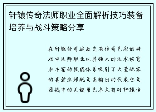 轩辕传奇法师职业全面解析技巧装备培养与战斗策略分享