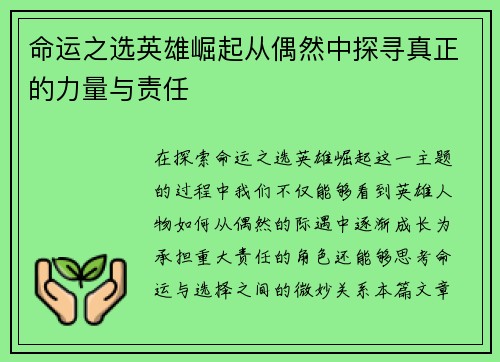 命运之选英雄崛起从偶然中探寻真正的力量与责任 命运之选英雄崛起从偶然中探寻真正的力量与责任